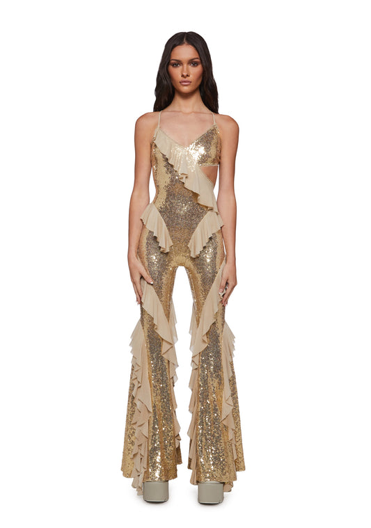 Melodramatic Gold Sequin Ruffle Jumpsuit