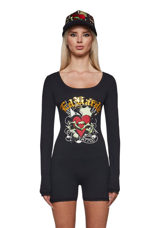 Sacred Heart Long Sleeve Short Lace Onesie - Black