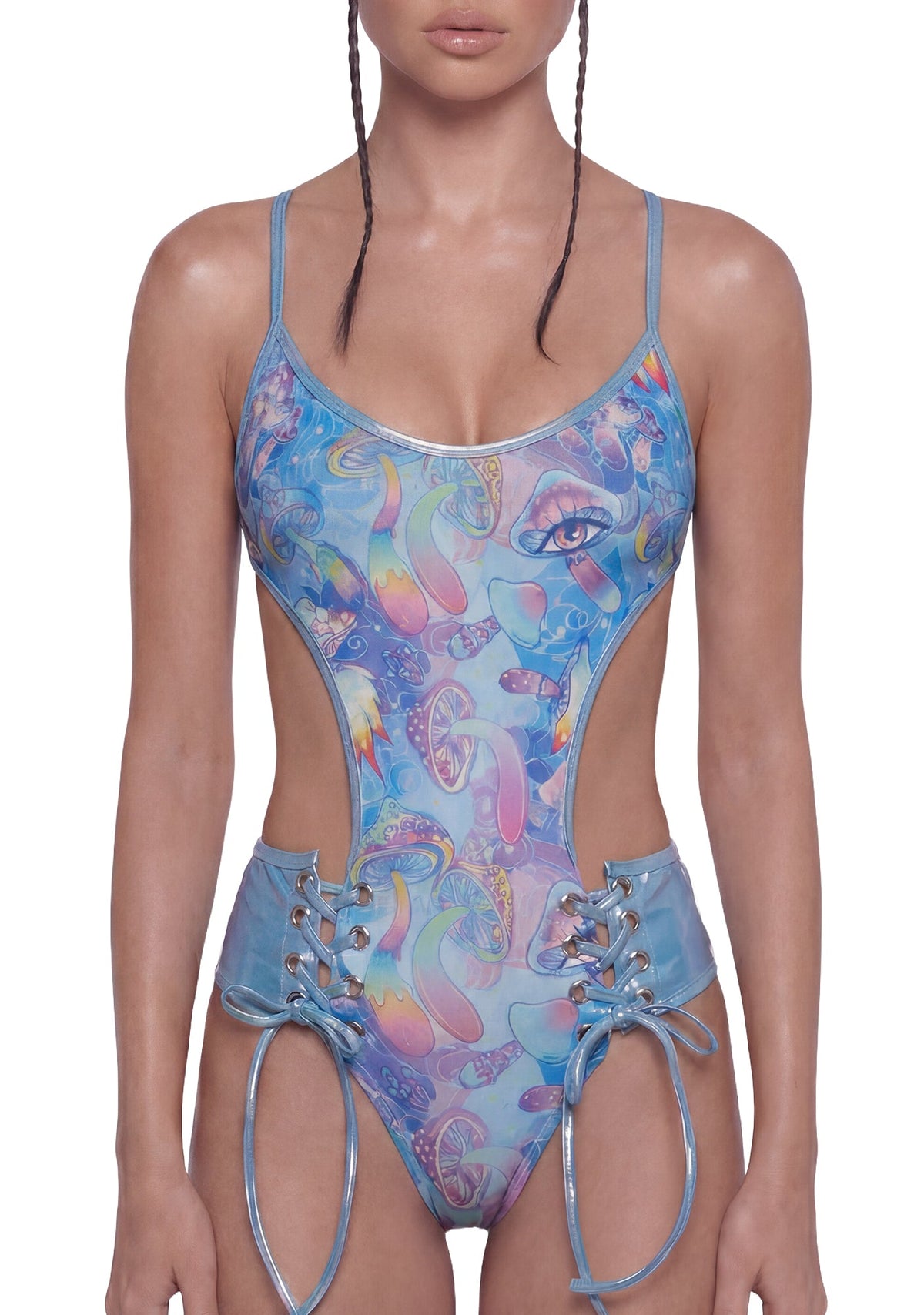 Mushroom Print Lace Up Bodysuit - Blue