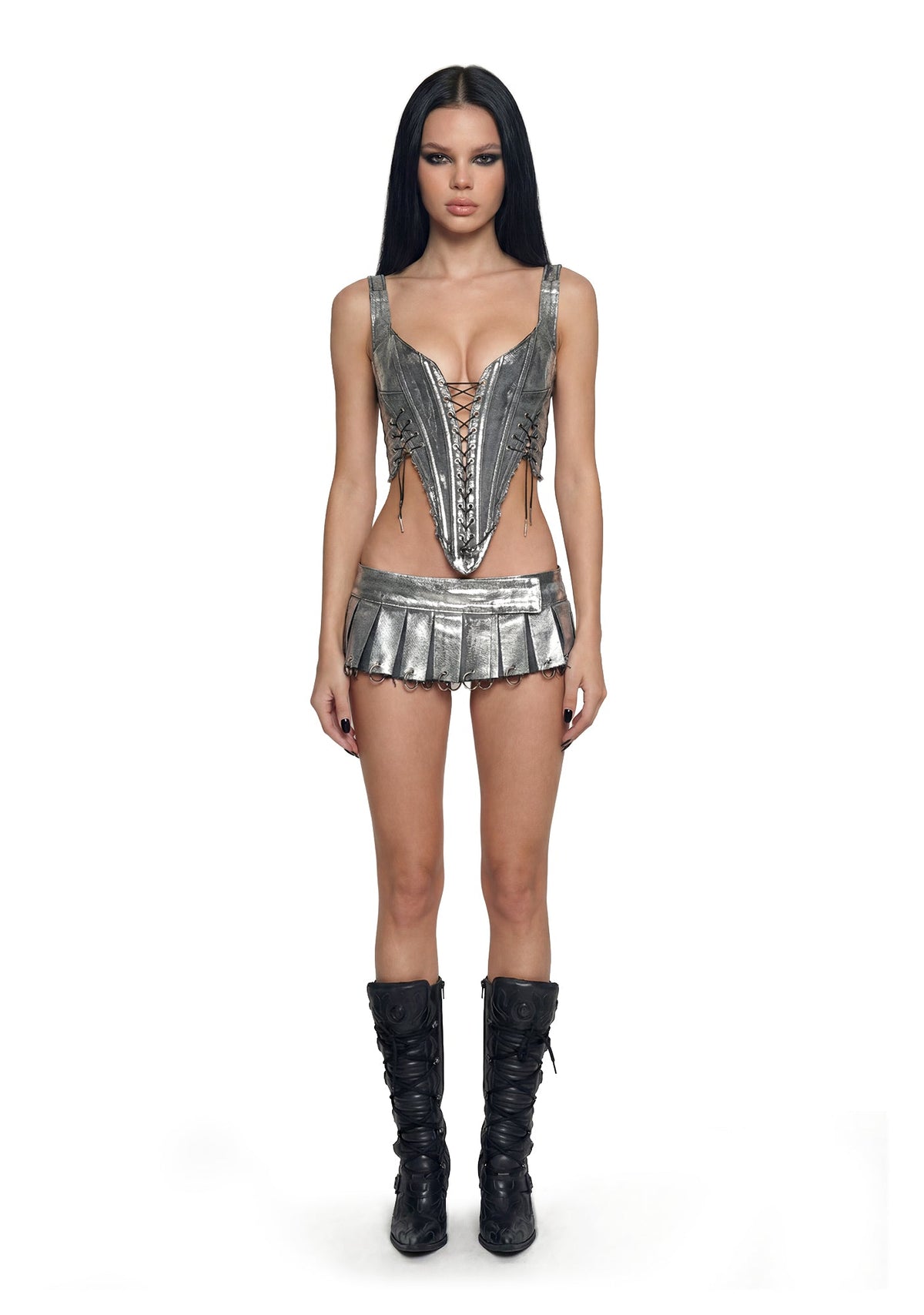 Pleated Denim Mini Skirt With Rings - Silver