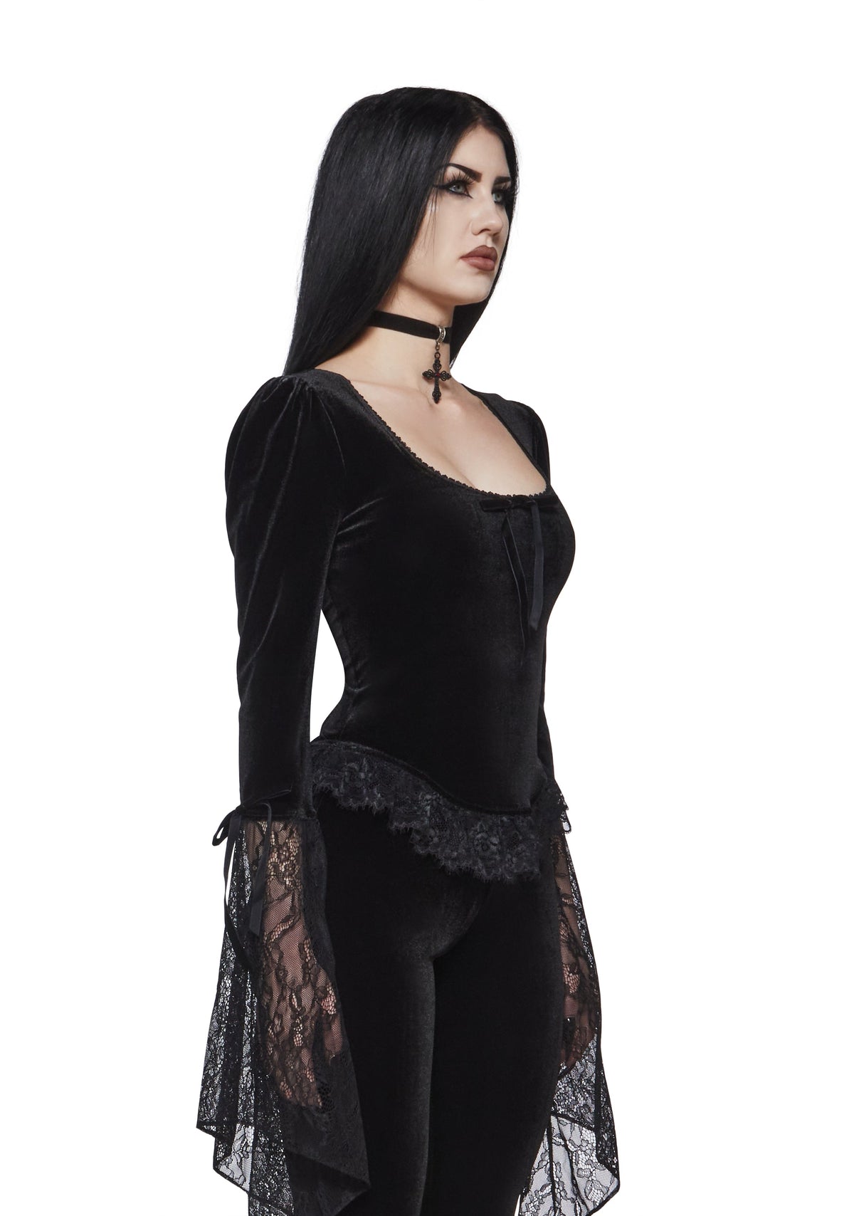 Full Vampire Velvet Long Sleeve Blouse - Black