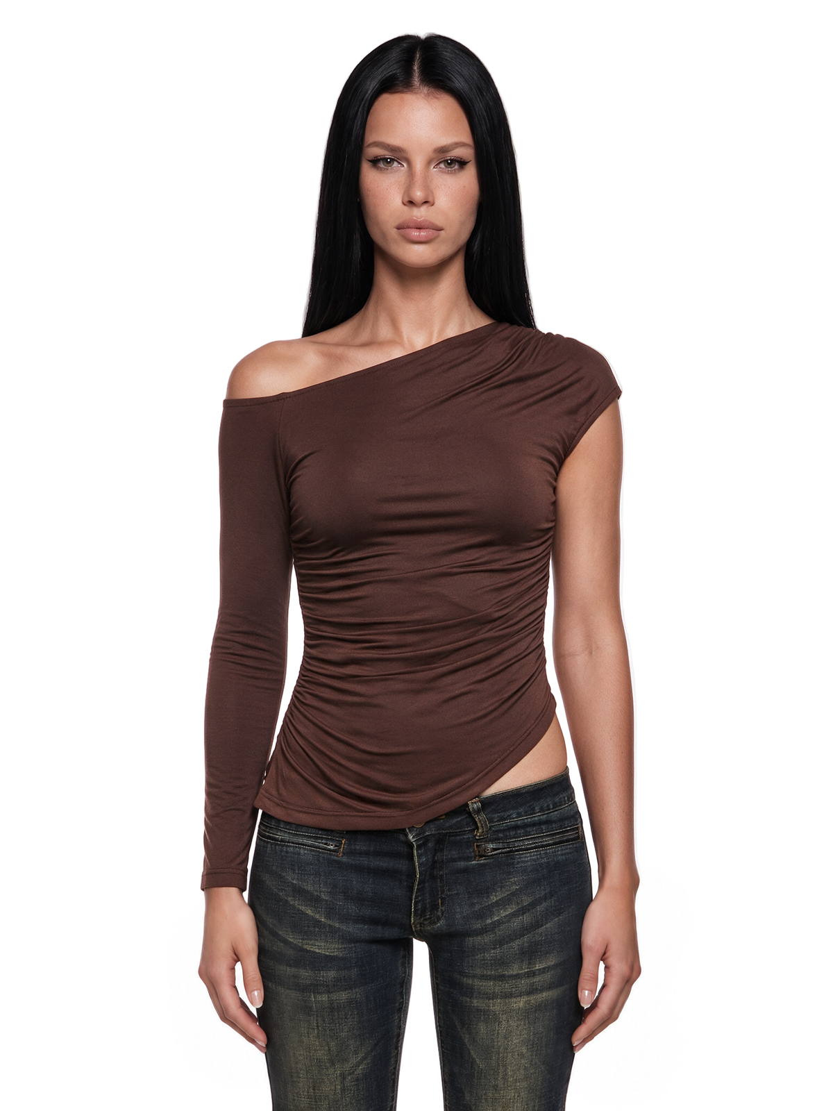 Orion Asymmetrical Long Sleeve Top - Brown