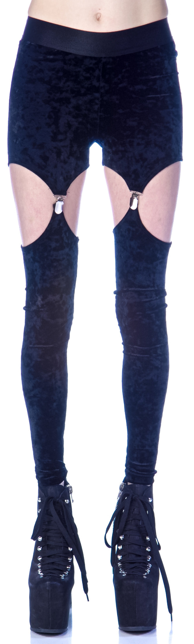 Crushed Velvet Garter Leggings - Black