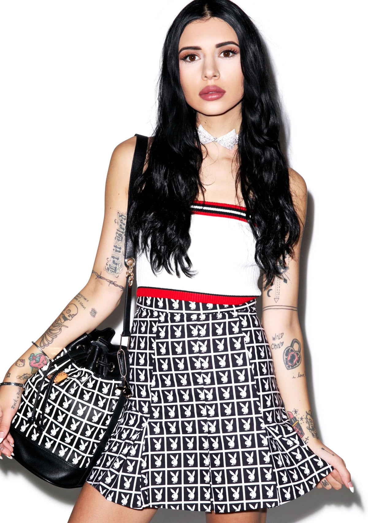 X Playboy Panel Pleated Skirt - Black