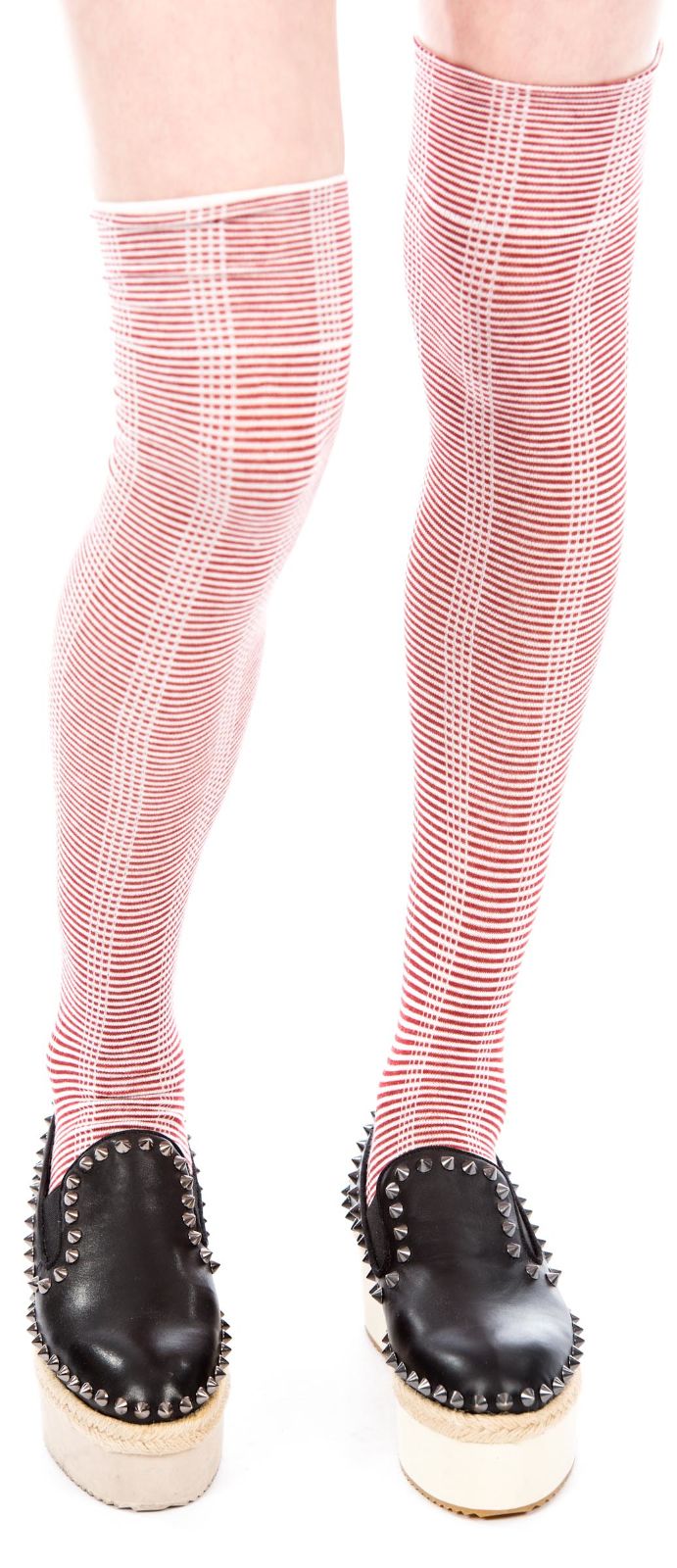 Striped Thigh High Socks - Red