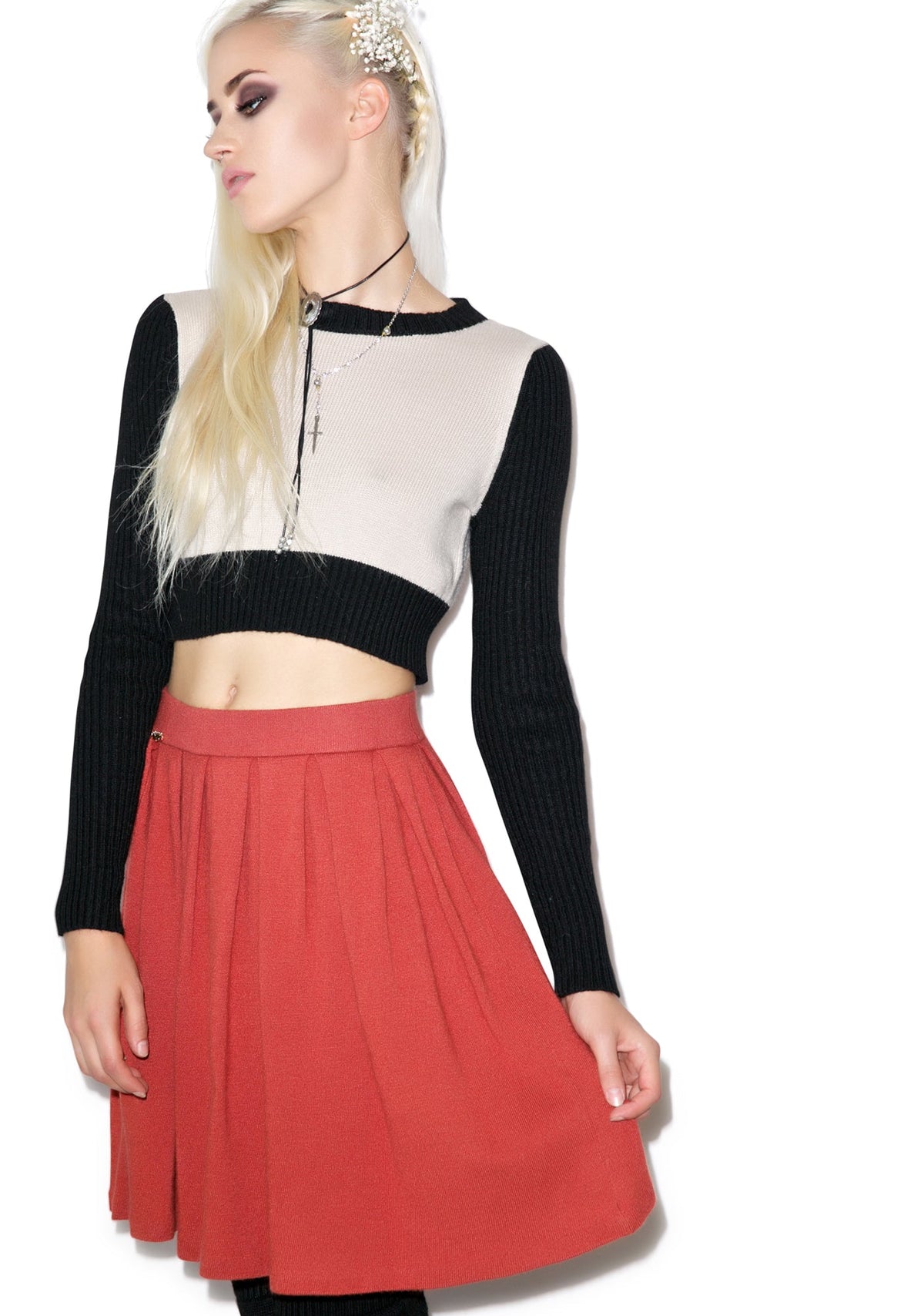 Solid Color Pleated Skirt - Light Red