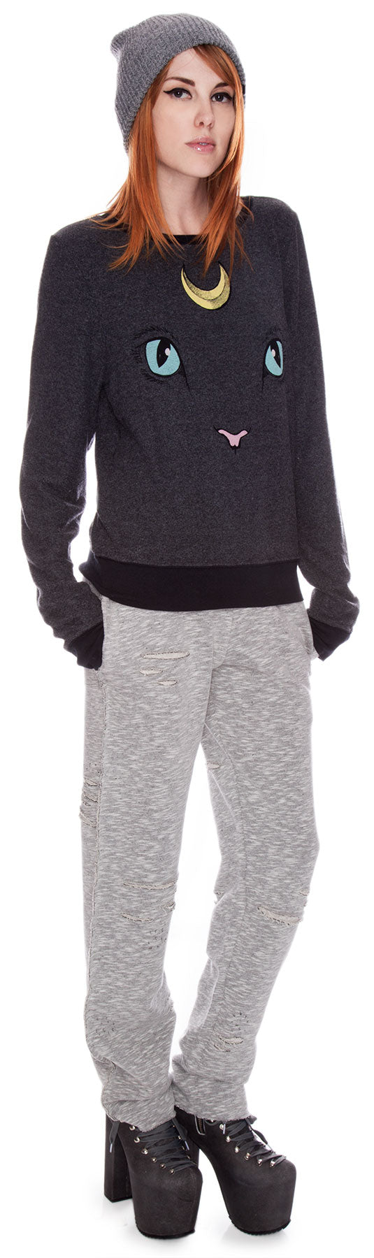 Cat and Moon Baggy Beach Jumper - White