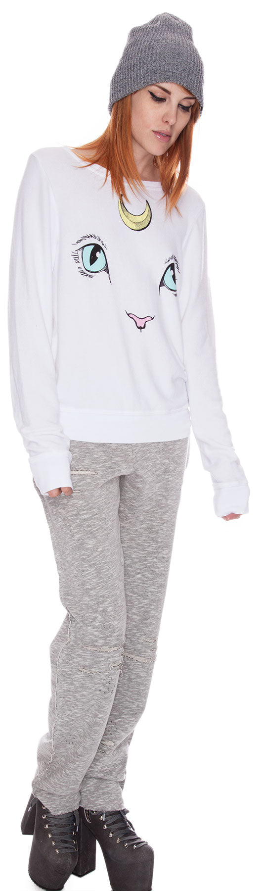 Cat and Moon Baggy Beach Jumper - White