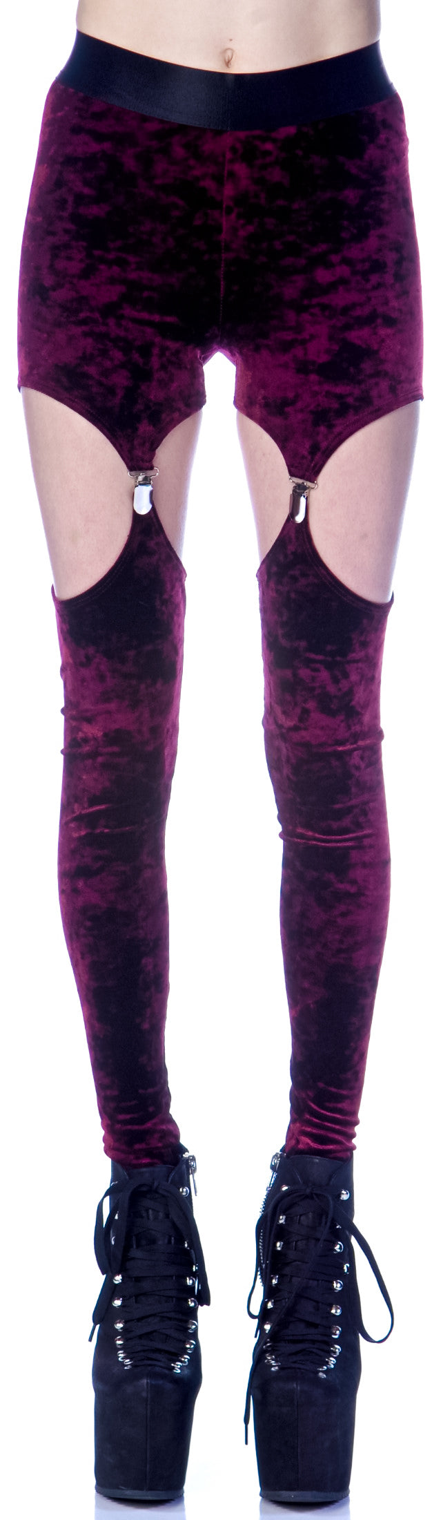 Crushed Velvet Garter Leggings - Dark Purple