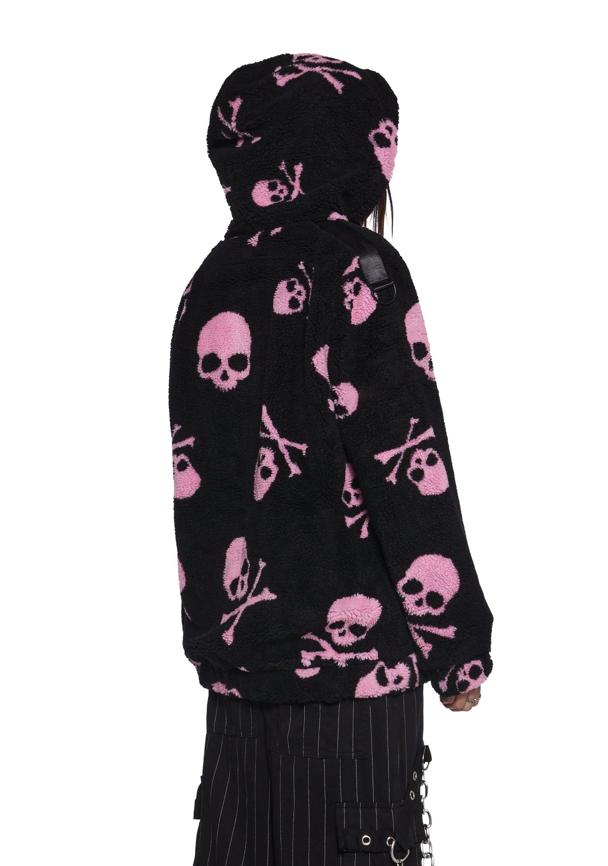 Skull On My Sleeve Hooded Sherpa Jacket - Pink