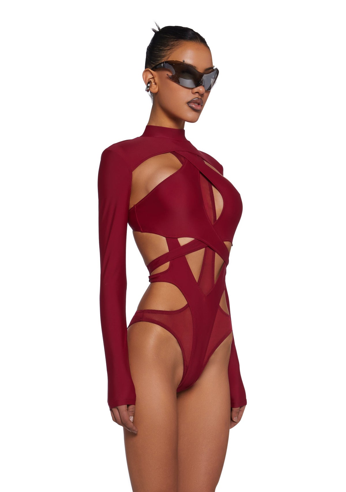 Flanger Strappy Spandex And Mesh Bodysuit - Red