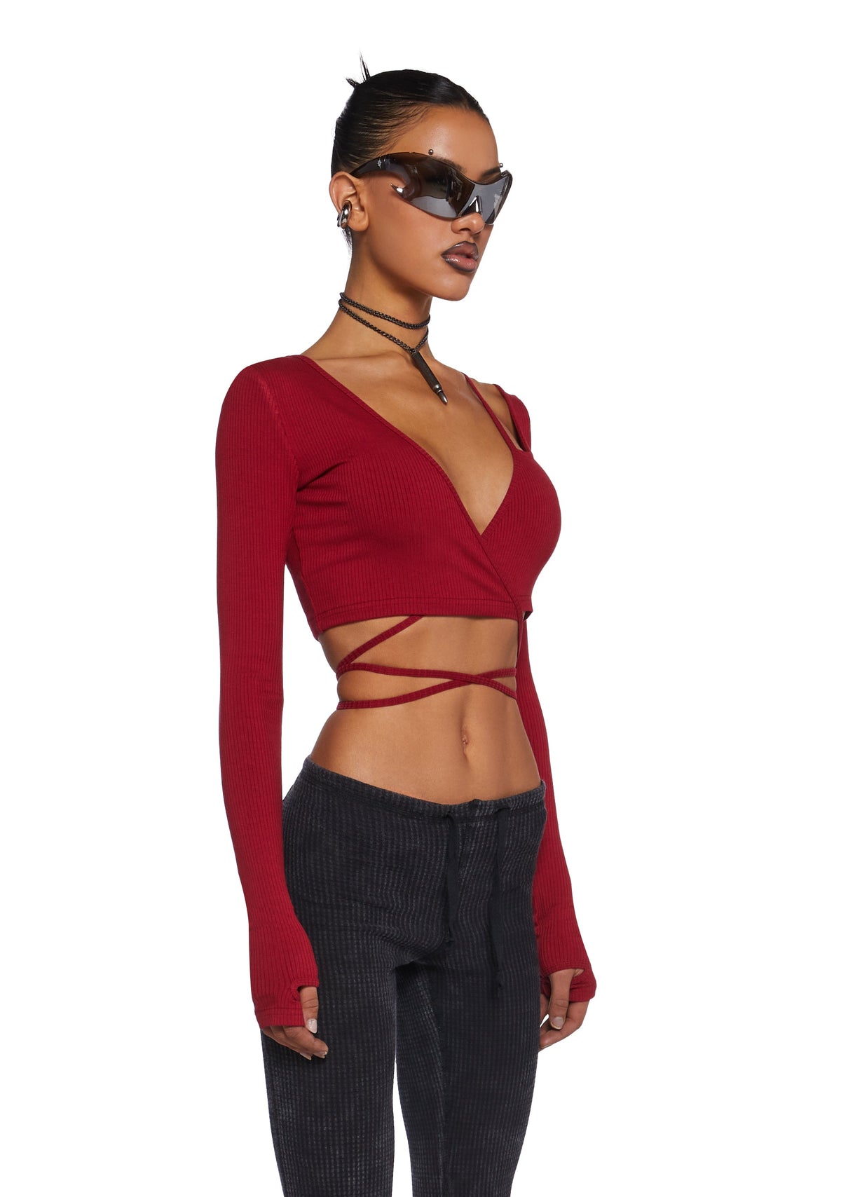 Fader Ribbed Wrap Top - Red