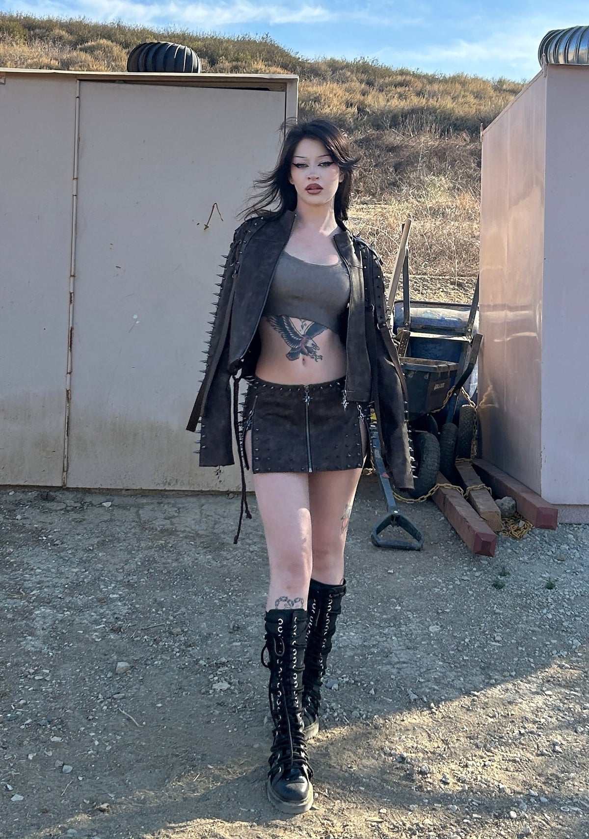 Warp Spiked Jacket With Lace Up Sleeves  - Brown
